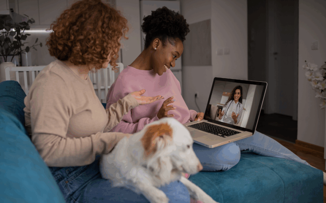 Two young women meet with a medical provider virtually. 
